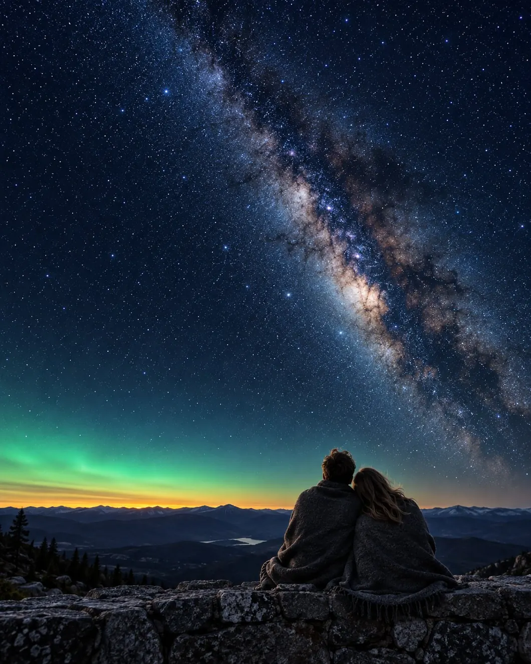 Two guests seen from behind, wrapped in blankets, looking up at the Milky Way