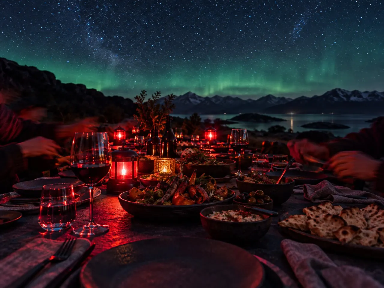 A long dinner table lit only by dim red lamps, plates and glasses glowing