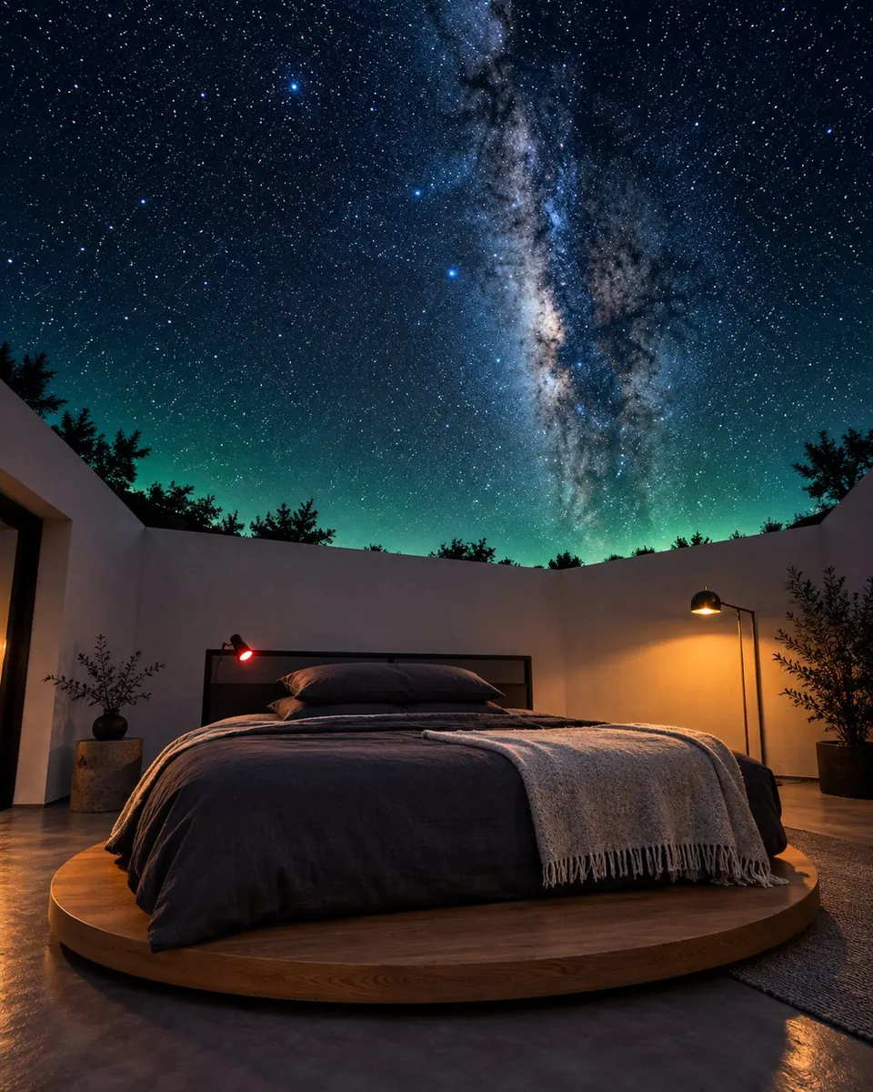 A low bed with grey linen under a fully opened roof, stars overhead