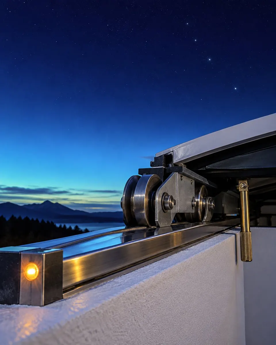 Close view of the steel rail and wheels of a roll-off roof at dusk