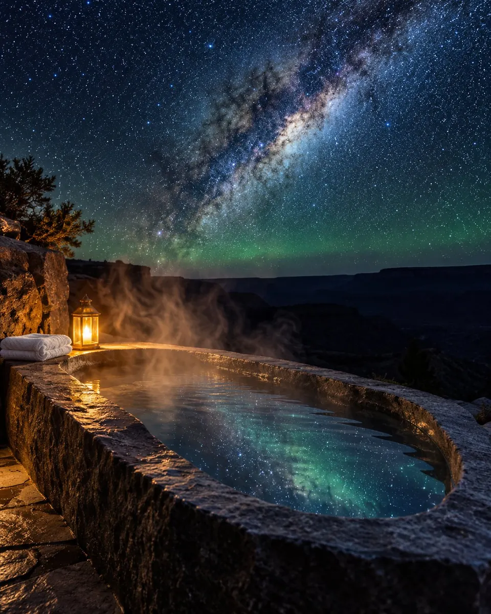 A carved stone bath outdoors with steam rising under a dense field of stars