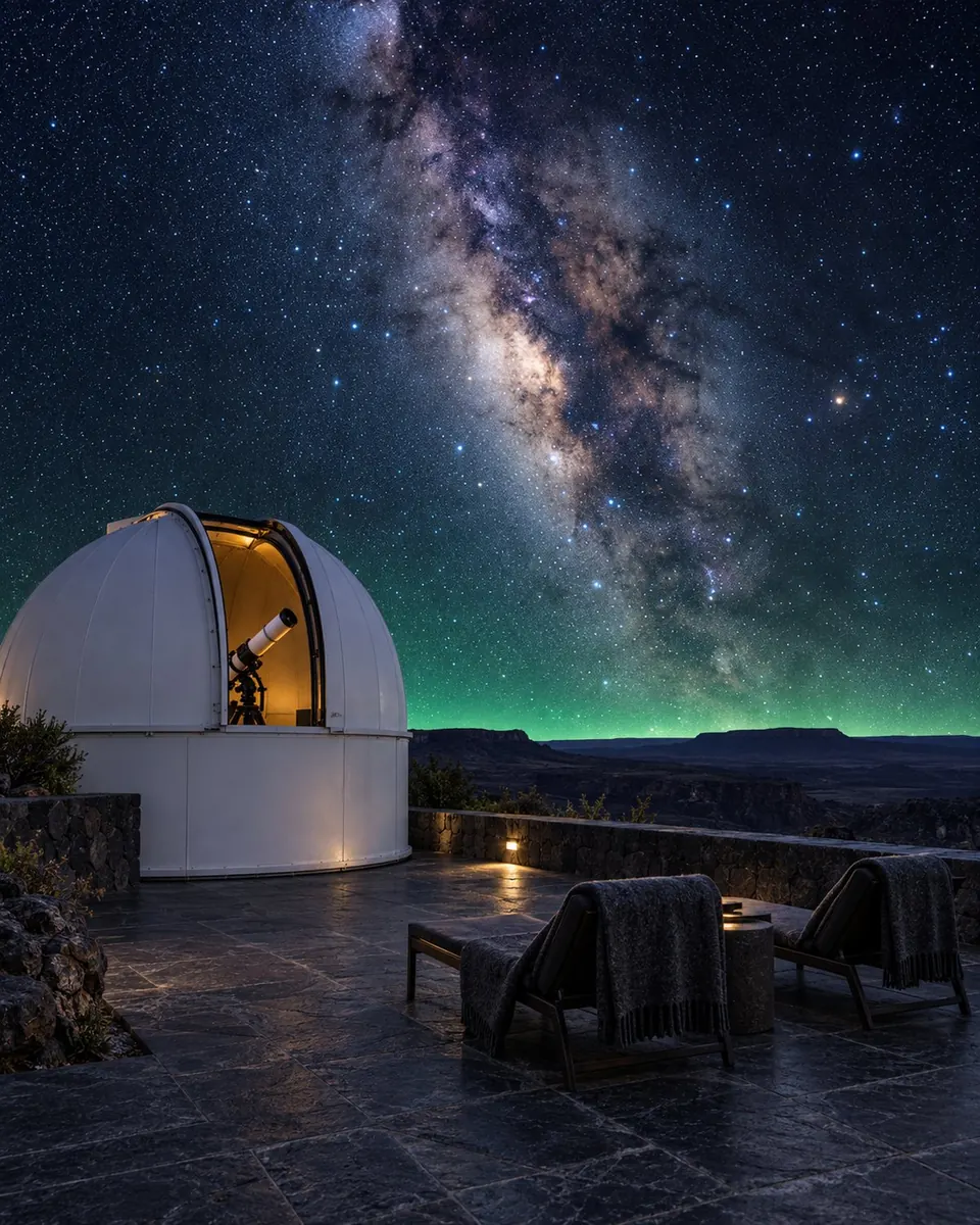 A private terrace with a small white observatory dome and two lounge chairs at night