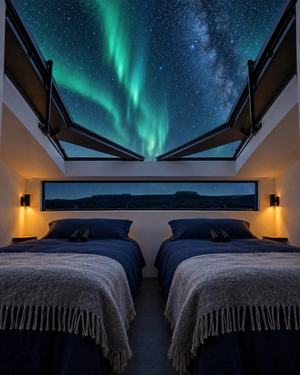 Two single beds side by side under an opened ceiling hatch, faint aurora-green sky
