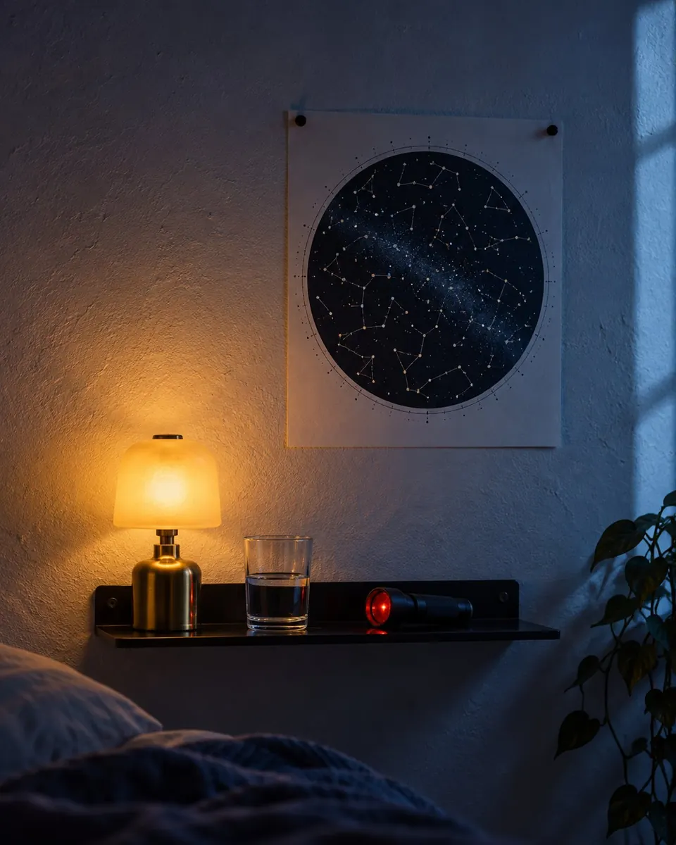 A star chart pinned above a bedside table with a small amber lamp