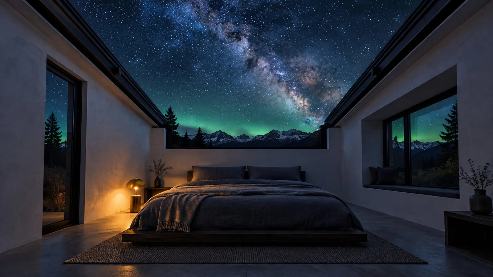 A bedroom with its roof rolled back, the bed facing an open rectangle of stars