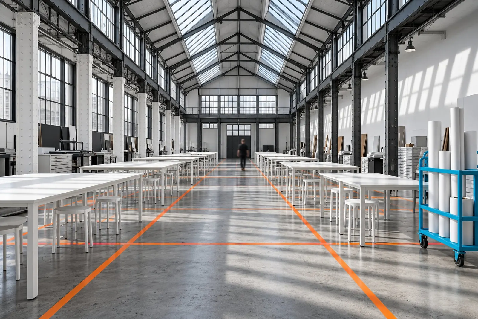 A converted print hall in hard daylight with long white tables and an orange tape grid on the concrete floor