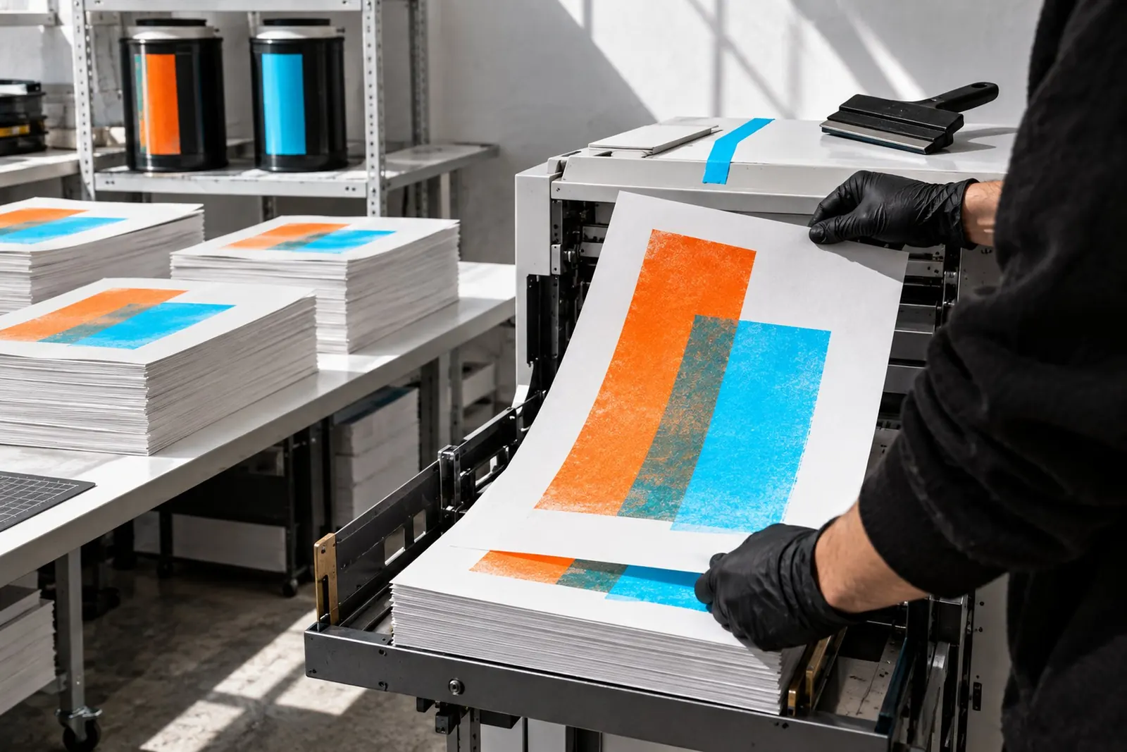 Hands in black gloves lifting a freshly printed orange and cyan risograph sheet from the output tray