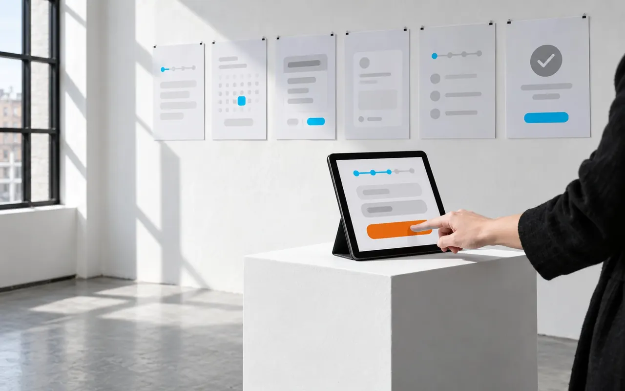 Tablet on a plinth showing a booking flow with orange states