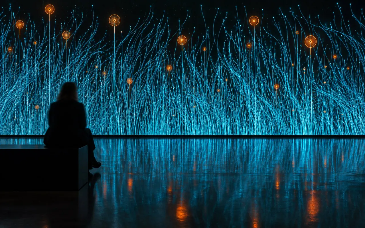 Wall-sized screen with generative cyan line growth on black