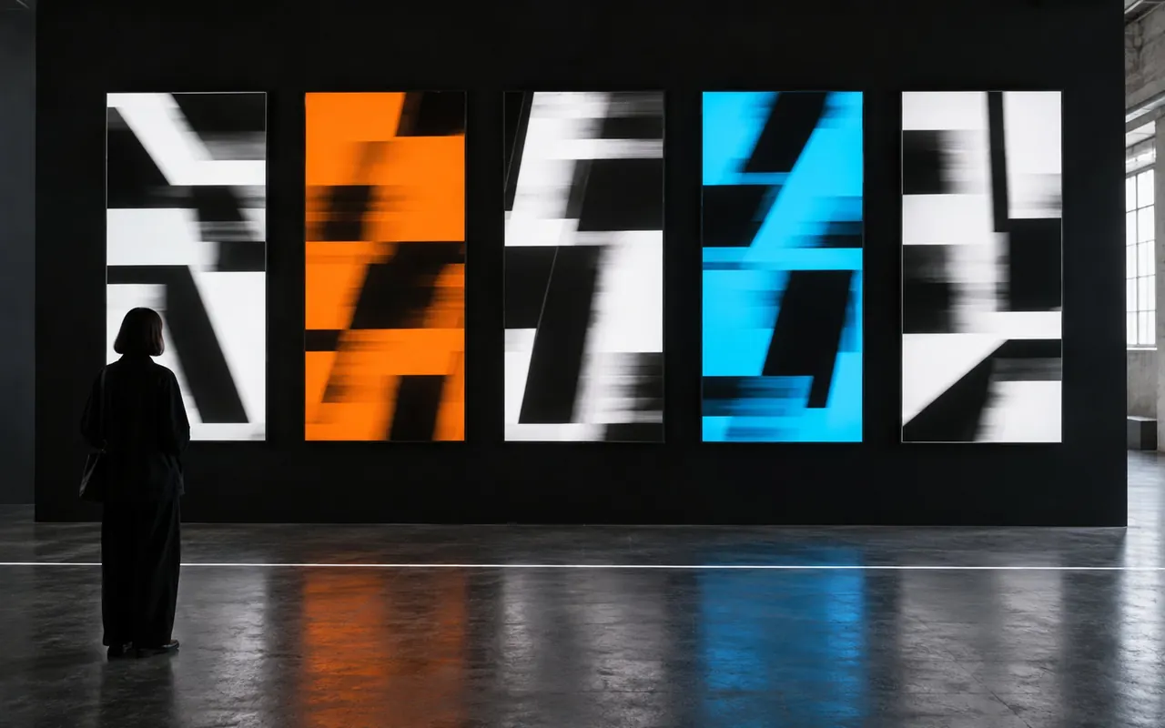 Row of kinetic posters on screens in a dark room