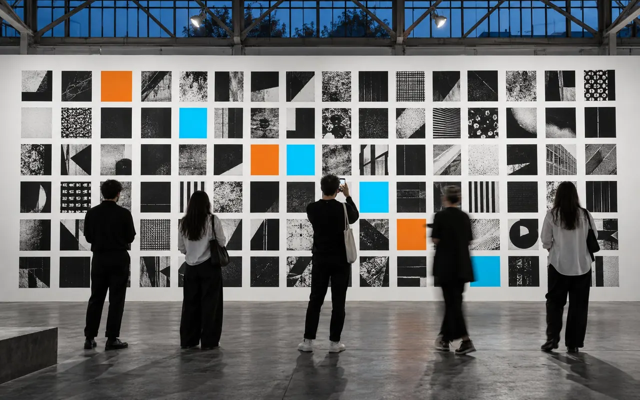 Visitors seen from behind looking at a wall of printed grids