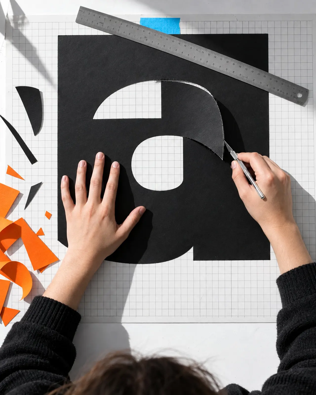 Student cutting a large black letterform out of paper on a cutting mat, with orange offcuts around
