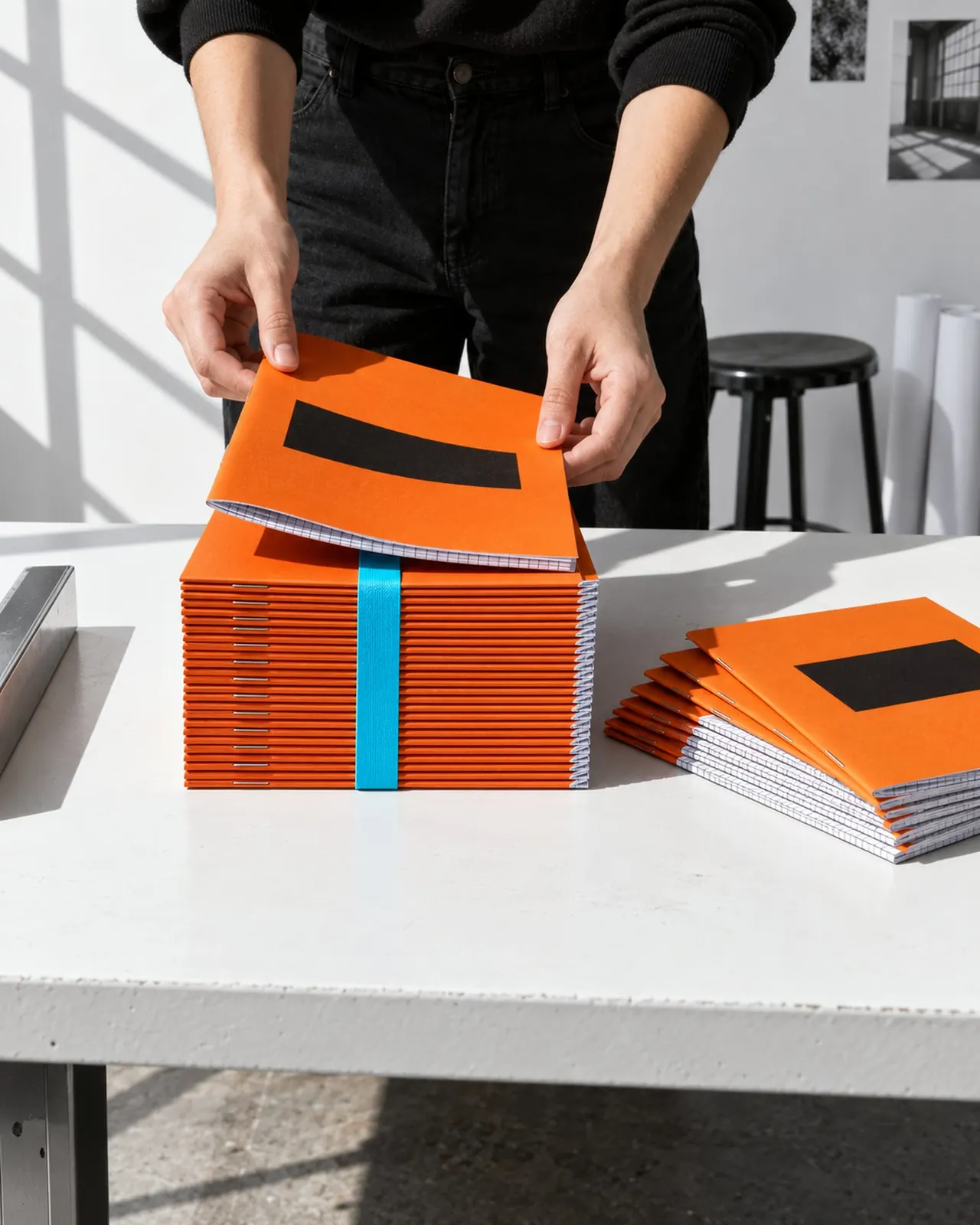 A finished stack of orange and black printed booklets bound with a band, ready to hand out