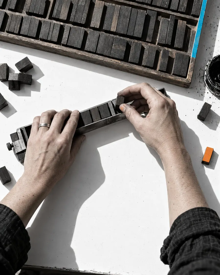 Hands from above setting wooden type into a composing stick on a white bench