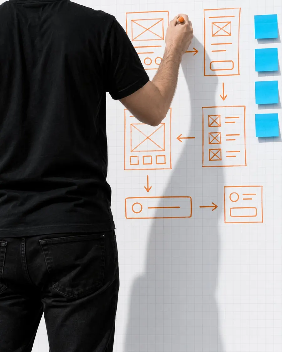 A tutor seen from behind sketching interface states on a whiteboard grid with an orange marker