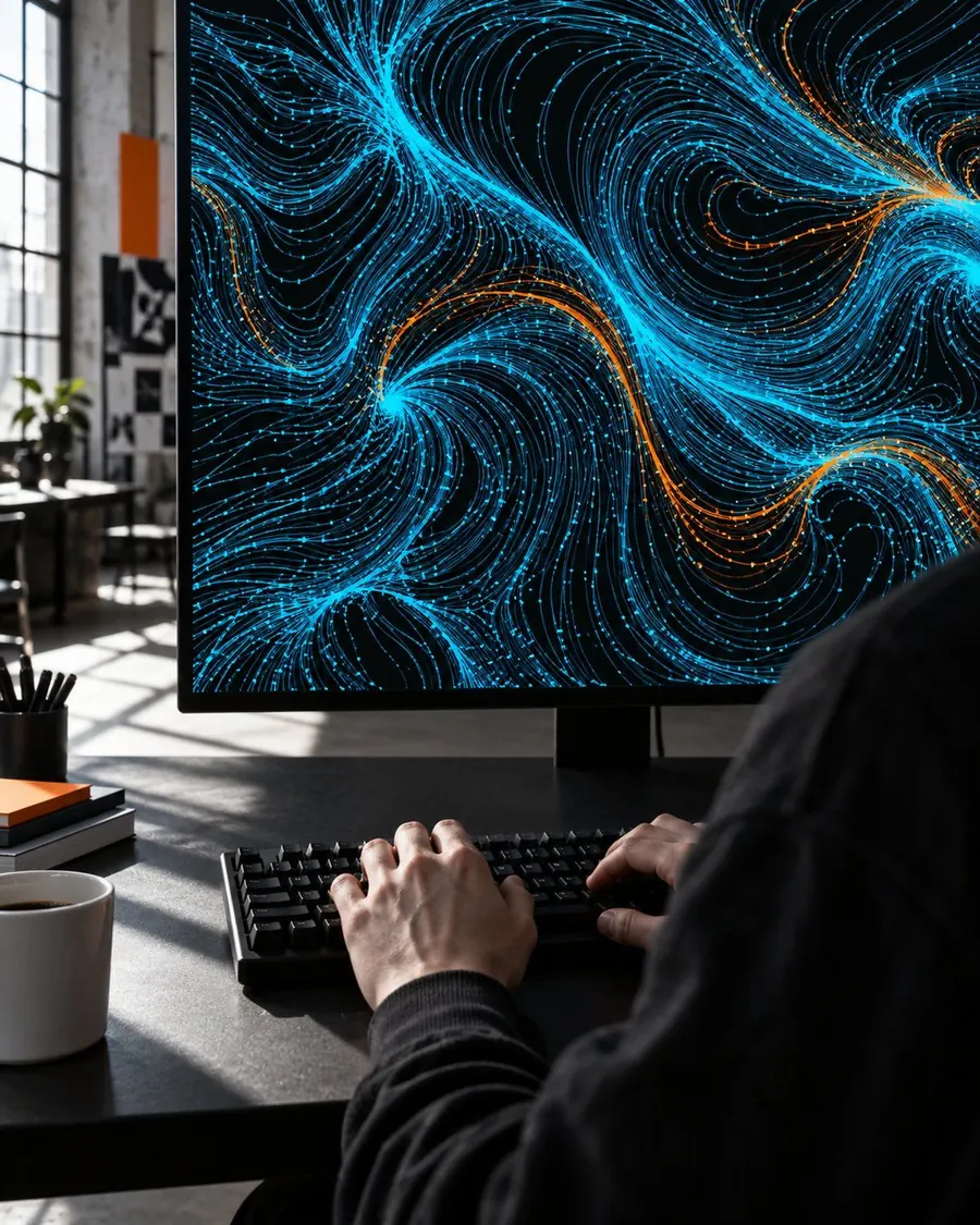 Hands typing on a keyboard in front of a monitor full of generative line patterns