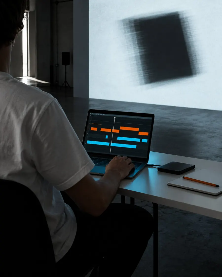 A person from behind scrubbing an animation timeline on a laptop in a dark room lit by a cyan screen