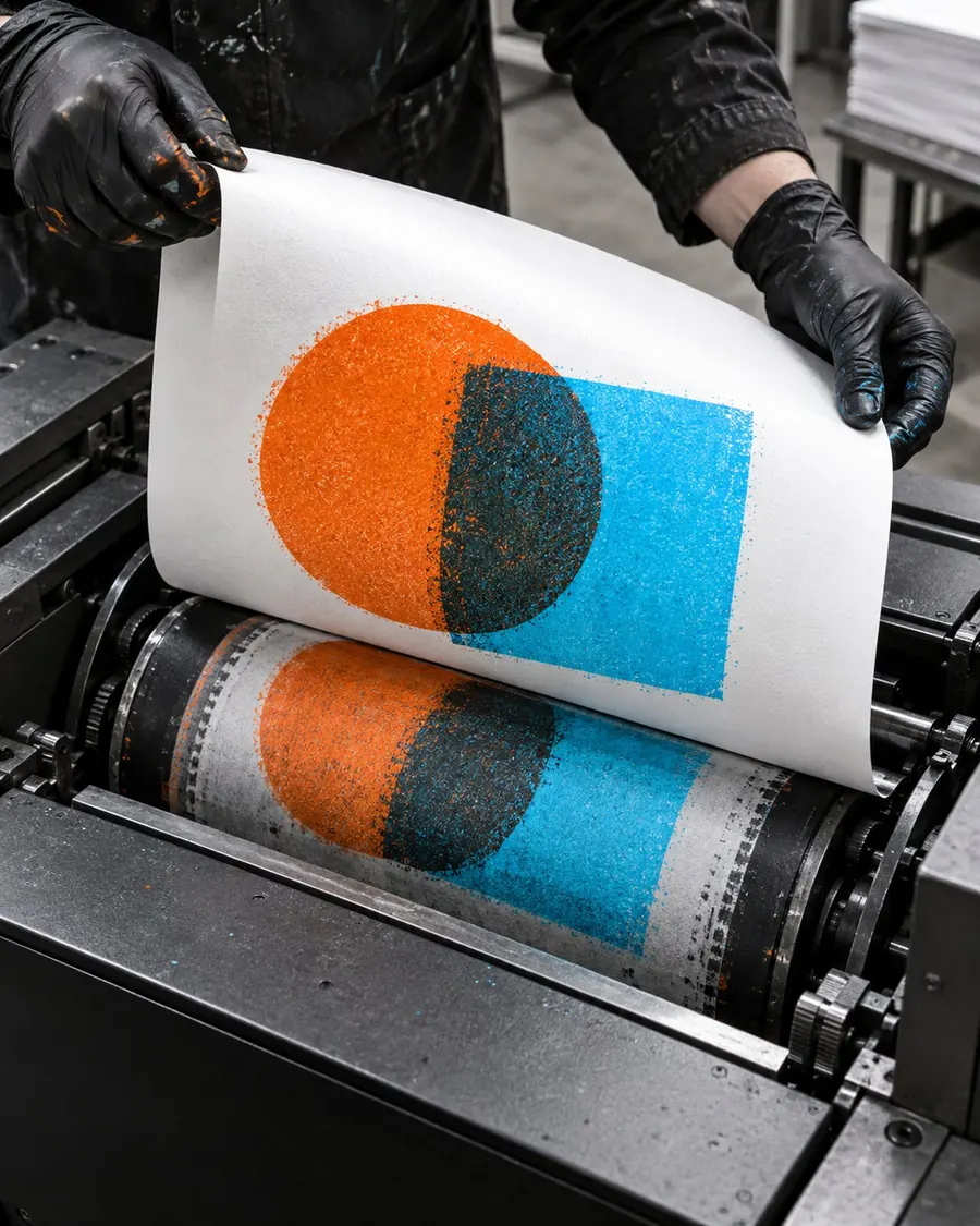 Inked hands pulling an orange risograph print off the drum