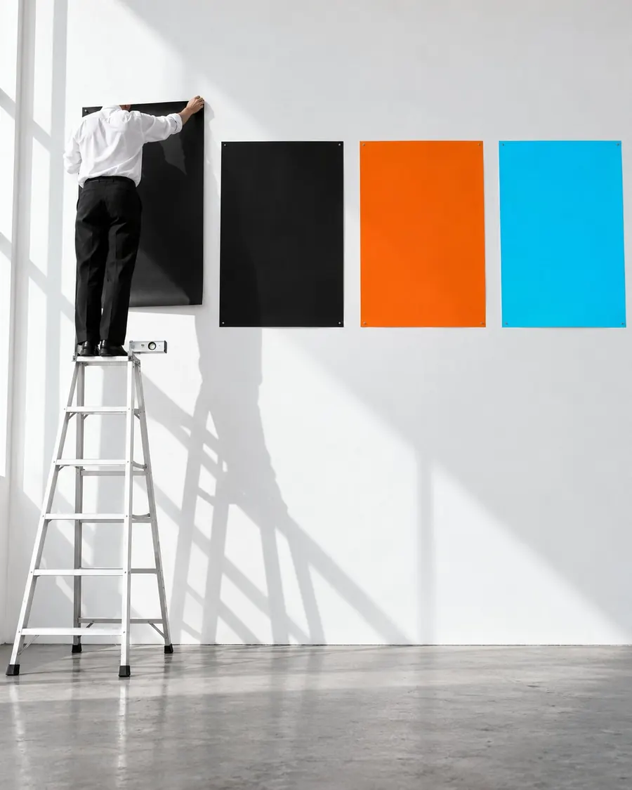 A person on a ladder from behind hanging large black posters on a white gallery wall