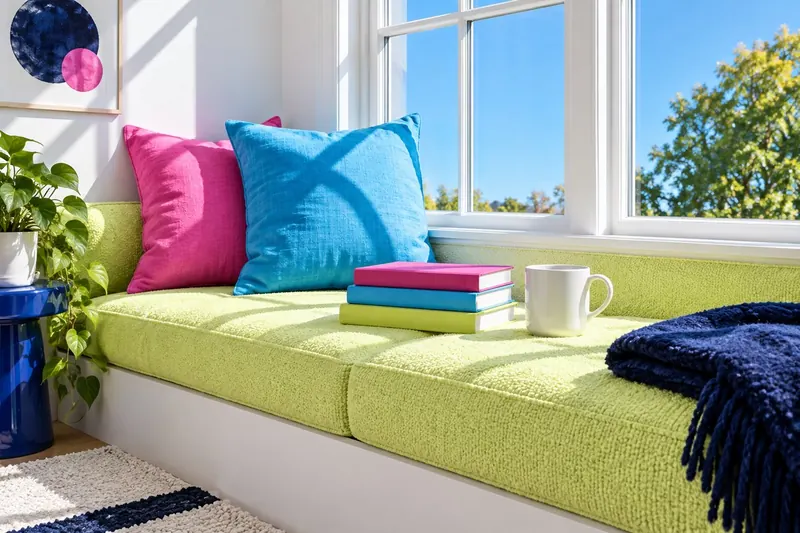 Sunny window seat with pink and blue cushions and a stack of books