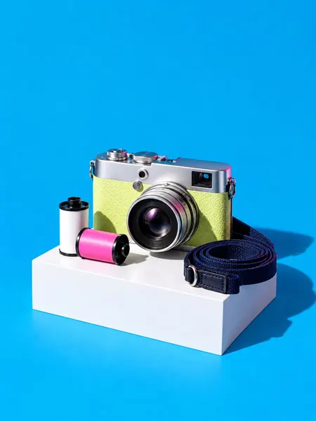 Chrome film camera on a sky blue paper sweep