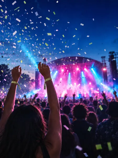 Raised arms in a festival crowd under pink and blue stage light