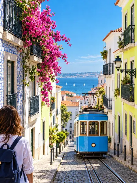 Blue tram climbing a sunny hillside street