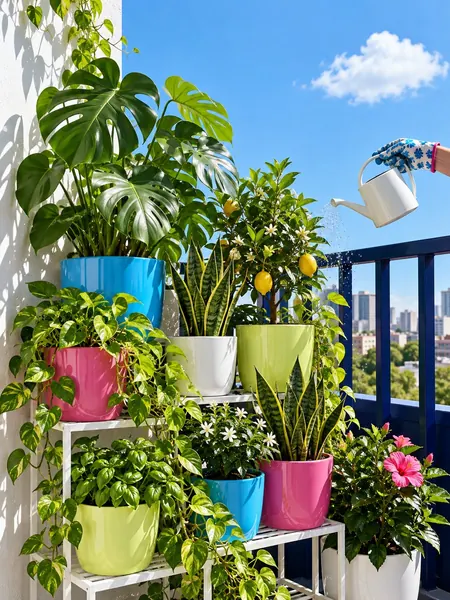 Balcony shelf full of plants in colourful glazed pots