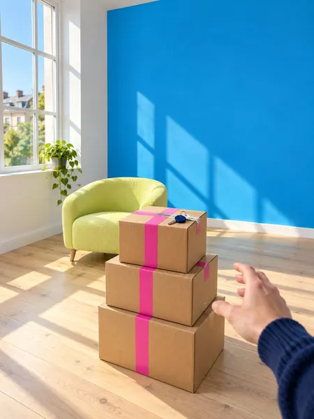 Sunny empty studio flat with moving boxes and keys