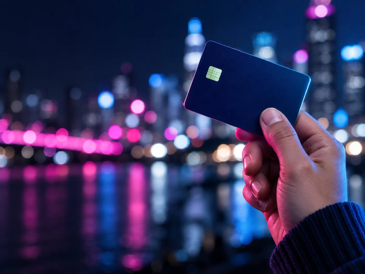 Hand holding a navy card at night, pink and blue city lights behind