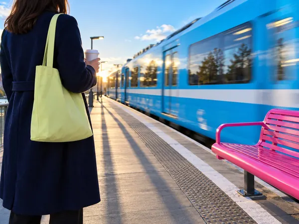 Commuter seen from behind as a blue train pulls into the platform