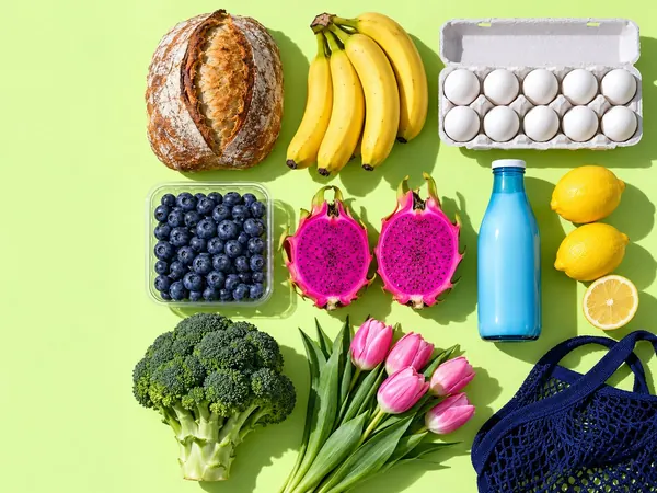 Flat lay of fresh groceries on a pale lime counter