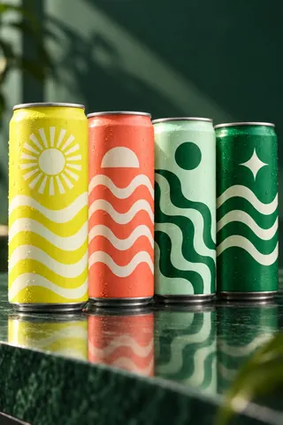 Row of designed drink cans — Onda Soda, Packaging