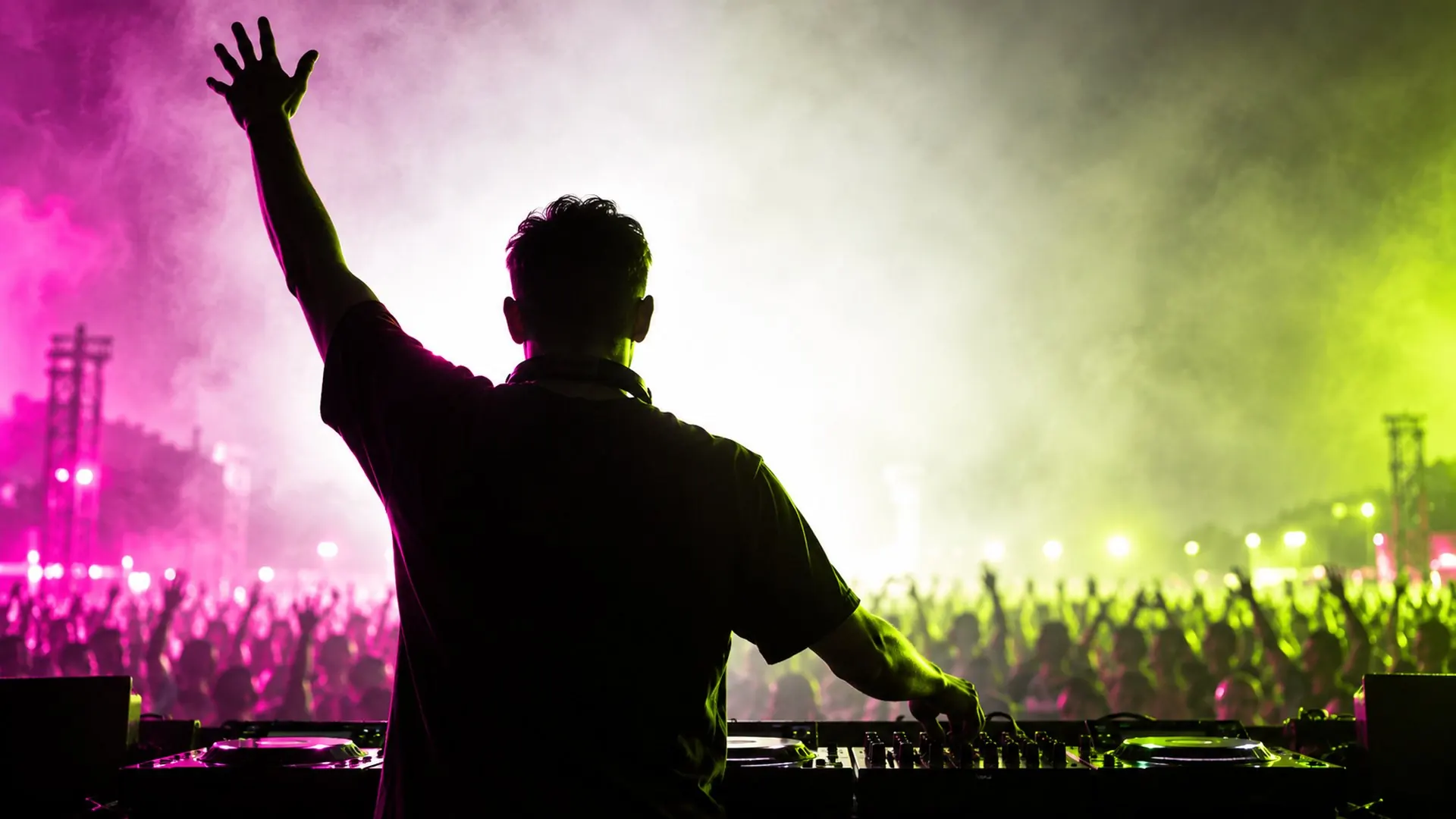 A backlit DJ silhouette over the decks