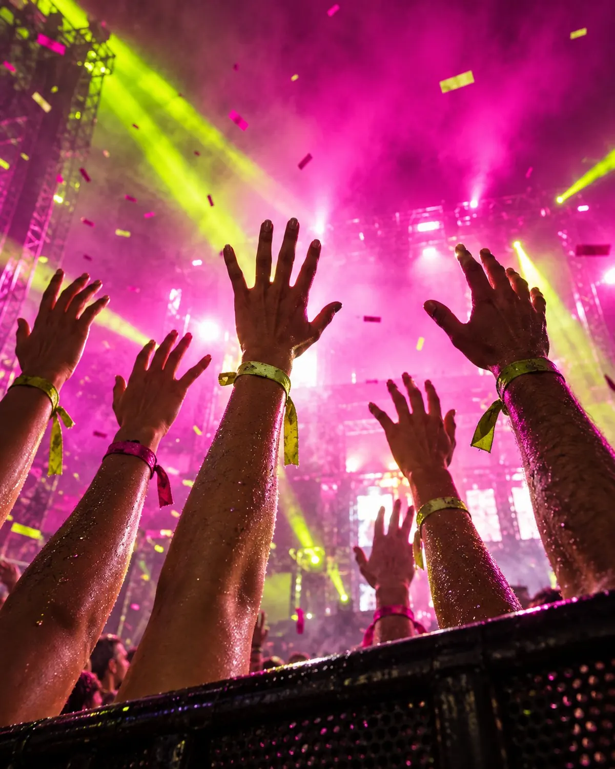 Hands in the air at the front of the crowd, fingers lit lime by the stage
