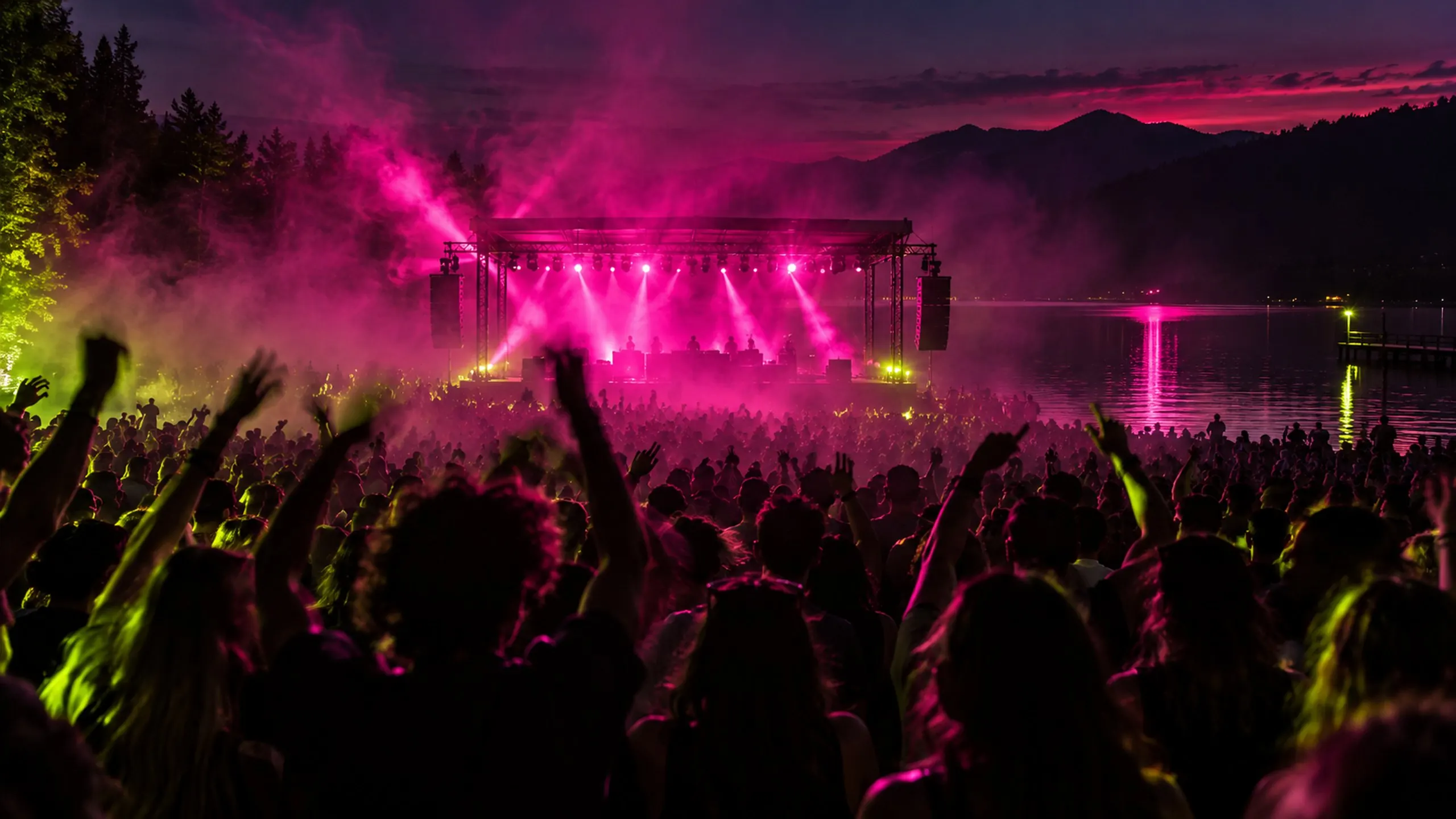 A lakeside stage at dusk seen from behind the crowd, magenta haze rolling over raised hands and the water beyond