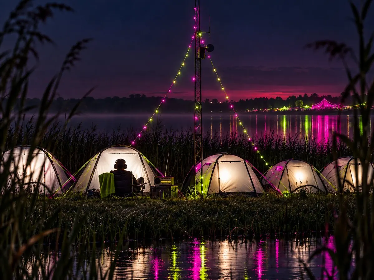 Tents glowing along the reed line