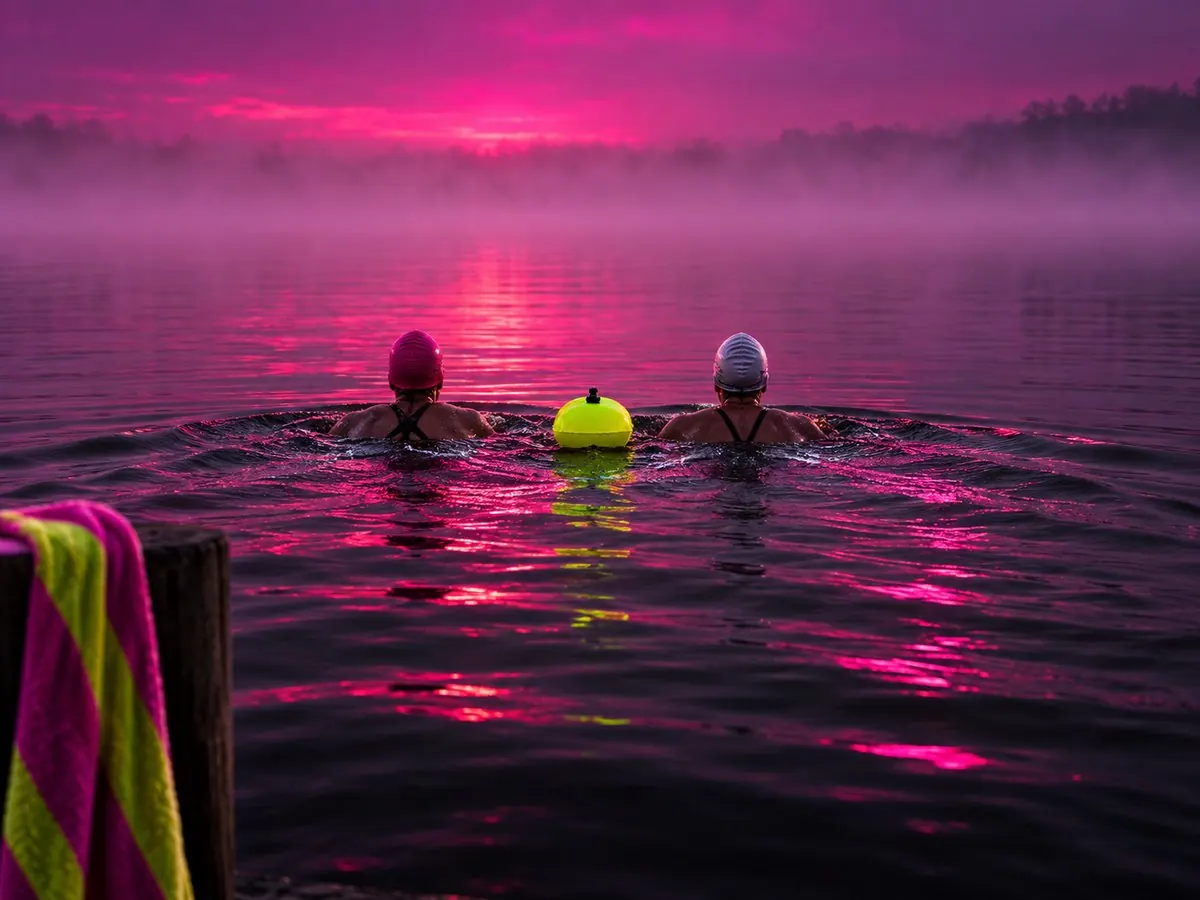 Swimmers from behind wading into a mirror-flat lake at sunrise