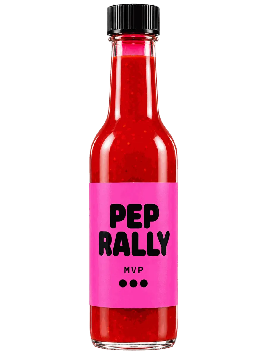 MVP bottle with a hot-pink label and deep red ghost pepper sauce