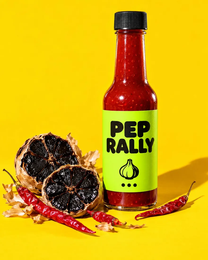 Limited-edition bottle with lime label next to split black garlic bulbs