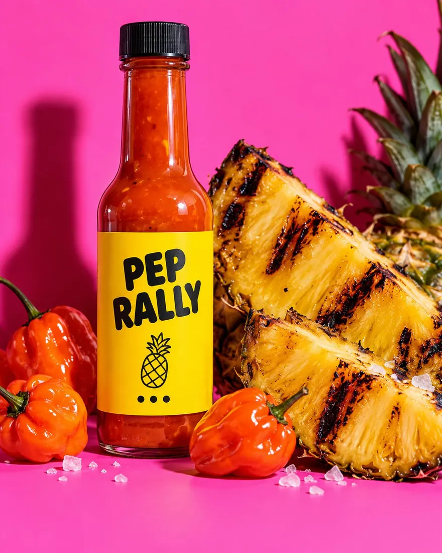 Limited-edition bottle with yellow label beside charred pineapple wedges