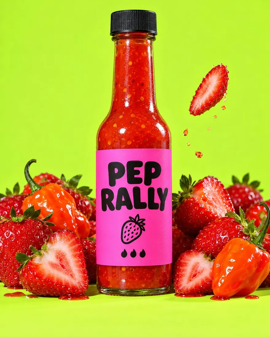 Limited-edition bottle with pink label surrounded by halved strawberries and habaneros