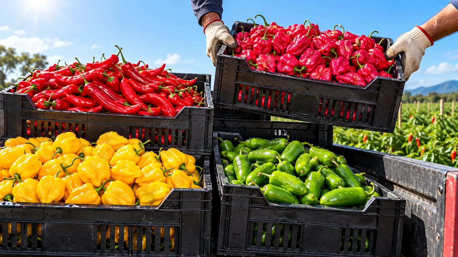 Stacked crates of freshly picked red and green chillies in bright sun