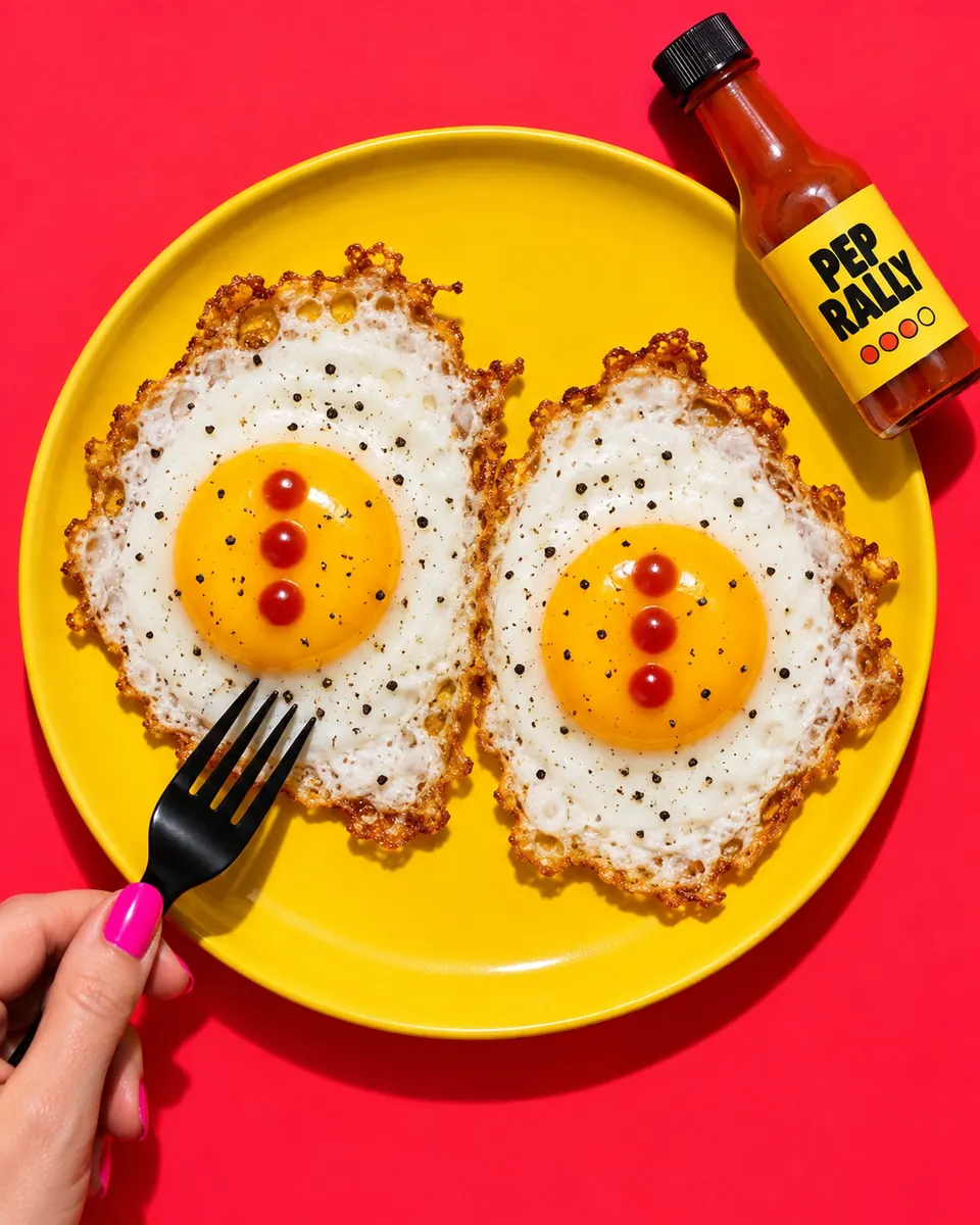 Two fried eggs on a yellow plate with bright orange dots of mango hot sauce on the yolks