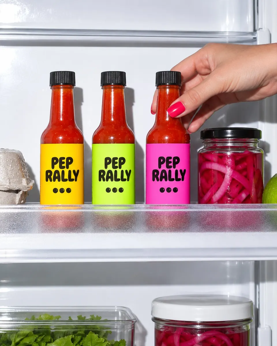 An open fridge door shelf holding three hot sauce bottles in yellow, green and pink labels
