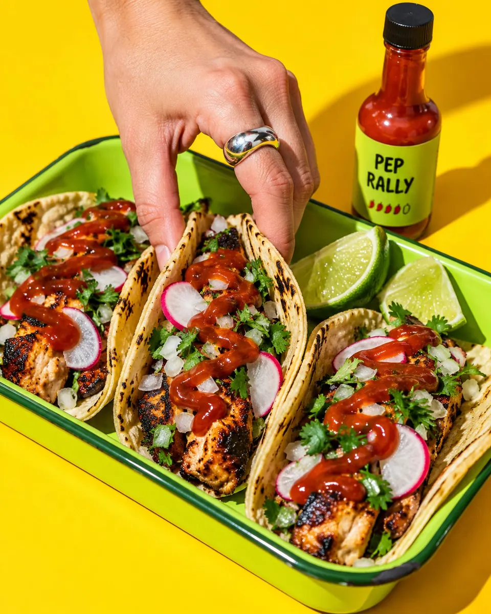 Three street tacos on a lime-green tray with smoky red chipotle sauce and lime wedges