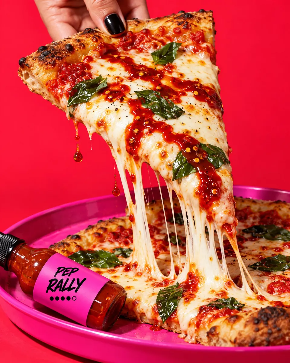 A cheesy pizza slice lifted from a pink tray, drizzled with dark red ghost pepper sauce