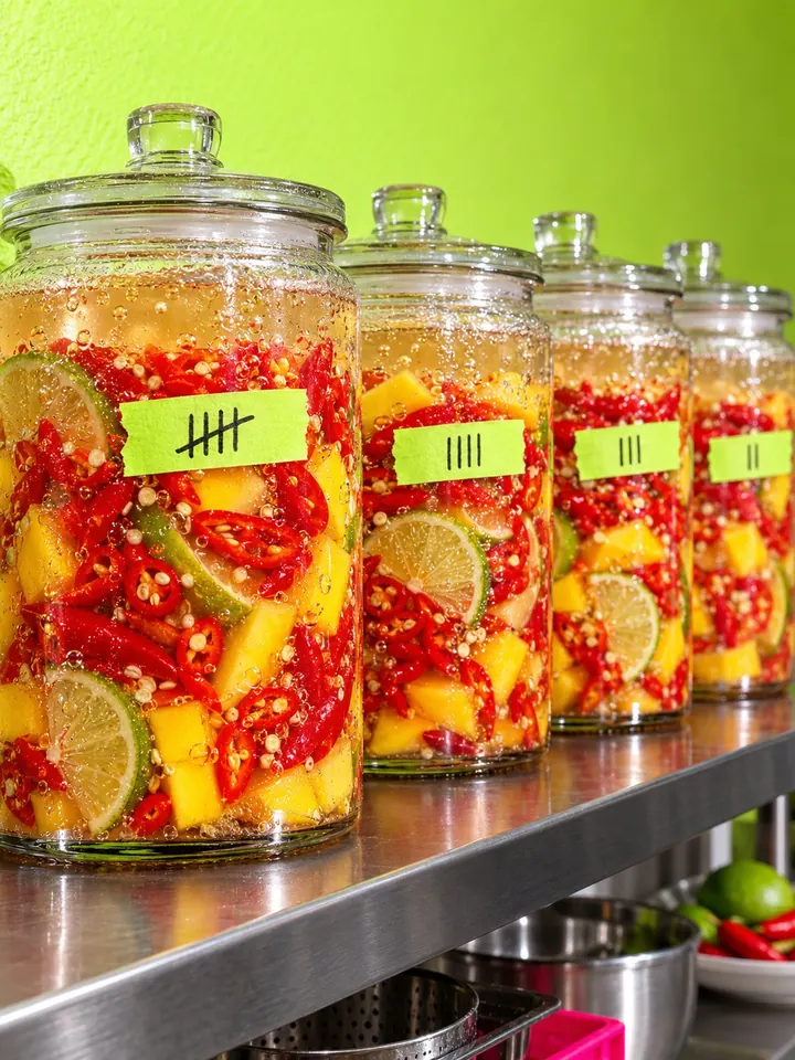 Glass crocks of chopped chillies and brine bubbling on a steel shelf