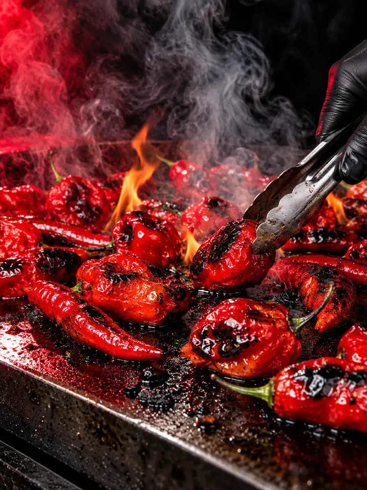 Red chillies blistering and charring on a scorching black griddle