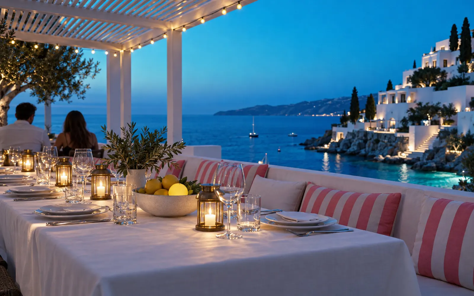 Dinner under the white pergola at the blue hour, candle lanterns on a long white table and the sea darkening beyond.